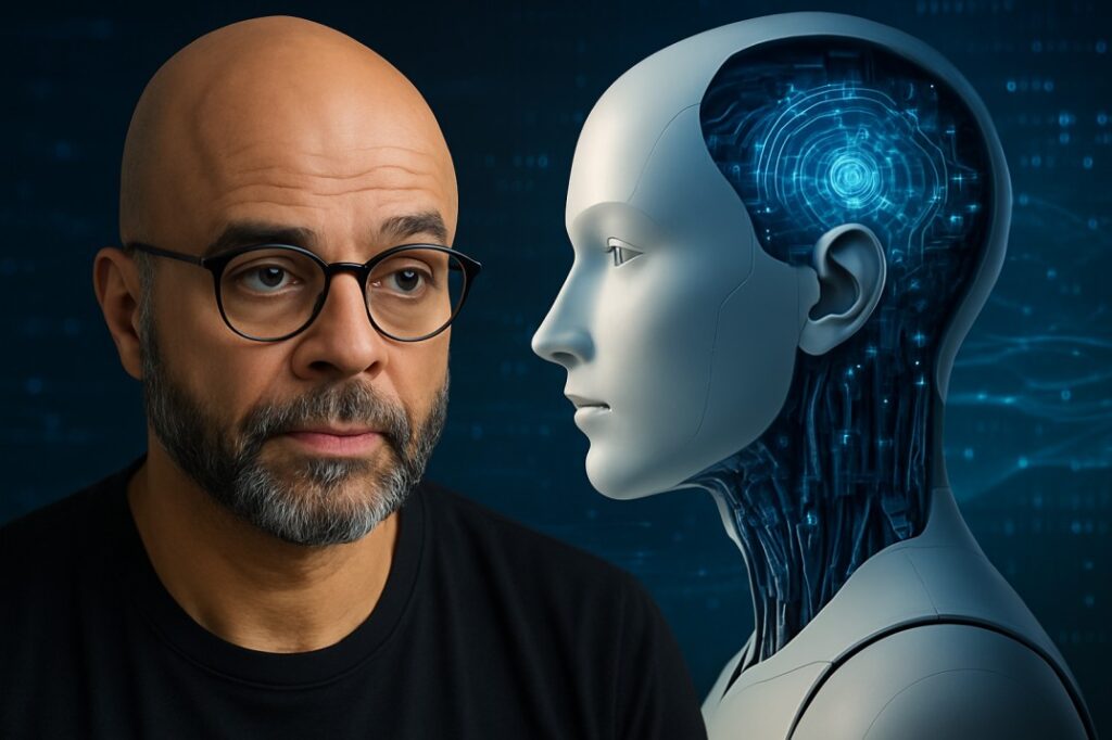A digital representation of Mo Gawdat in a thoughtful pose, symbolizing deep reflection on artificial intelligence and its future impact.