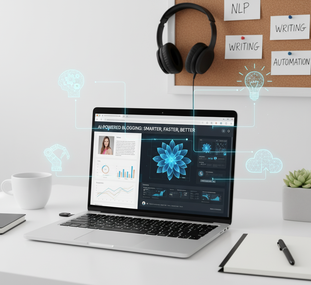 Writing an article on a laptop using AI tools.